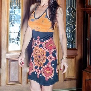 Vintage Custo Barcelona- Black and Orange Saturn Pattern Summer Dress
